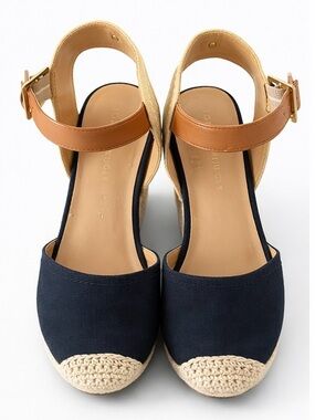 Tommy Hilfiger Espadrilles Wedges Navy Tan Ankle Strap Size 7.5 Chic